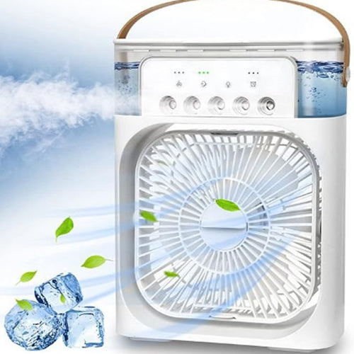 Portable air cooler with fan blades and ice cubes on a blue sky background