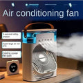 Portable air conditioning fan with features listed on a dark background
