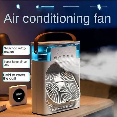 Portable air conditioning fan with features listed on a dark background