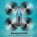 Top-down view of a six-axle gyro drone on a blue textured background