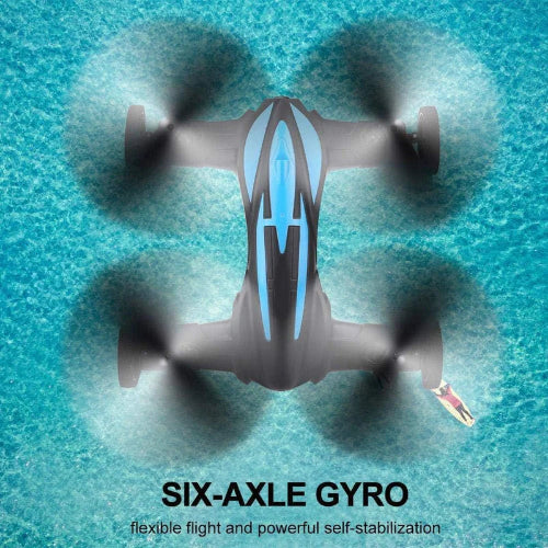 Top-down view of a six-axle gyro drone on a blue textured background