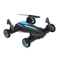 Black and blue drone with car-like wheels on a white background