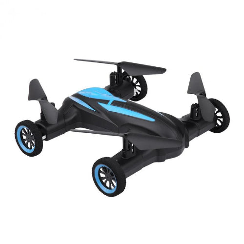 Black and blue drone with car-like wheels on a white background