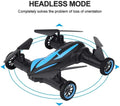 Black and blue drone with wheels on a white background, highlighting headless mode feature.