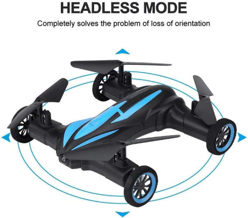 Black and blue drone with wheels on a white background, highlighting headless mode feature.