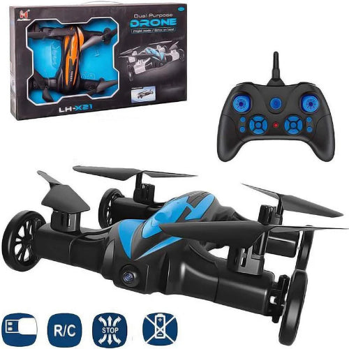 Black and blue drone with car-like wheels on a white background