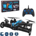 Black and blue drone with remote control and packaging on a white background