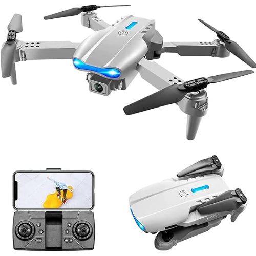Black drone with remote control and screen displaying a video feed on a white background