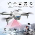 White drone with features listed on a white background