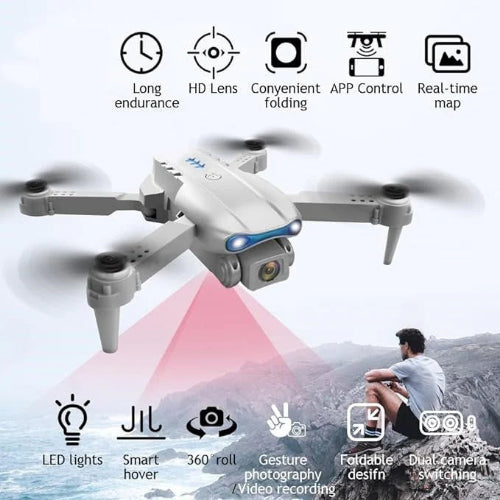 White drone with features listed on a white background