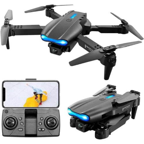 Black drone with remote control and screen displaying a video feed on a white background
