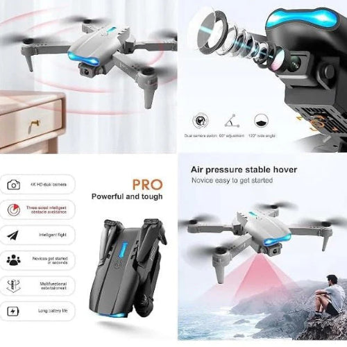 Promotional image of a drone with features highlighted on a white background