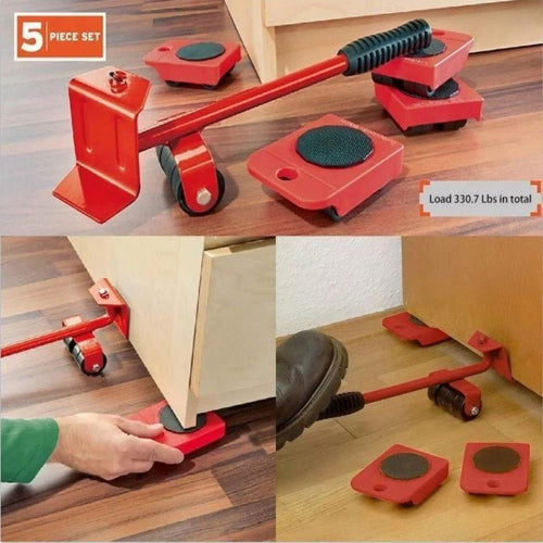 Set of red furniture movers with a 5-piece set label, used to move furniture on a wooden floor.