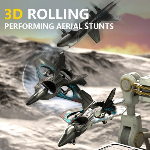 Toy airplanes performing aerial stunts with a robot in the foreground against a mountainous landscape.