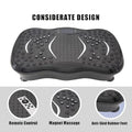 Black vibration plate with remote control, magnet massage, and anti-skid rubber feet on a white background.