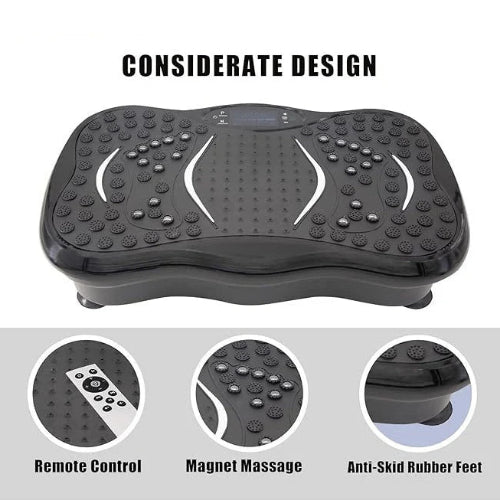 Black vibration plate with remote control, magnet massage, and anti-skid rubber feet on a white background.