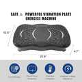Vibration plate exercise machine with dimensions and safety features on a white background