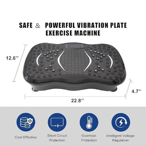 Vibration plate exercise machine with dimensions and safety features on a white background